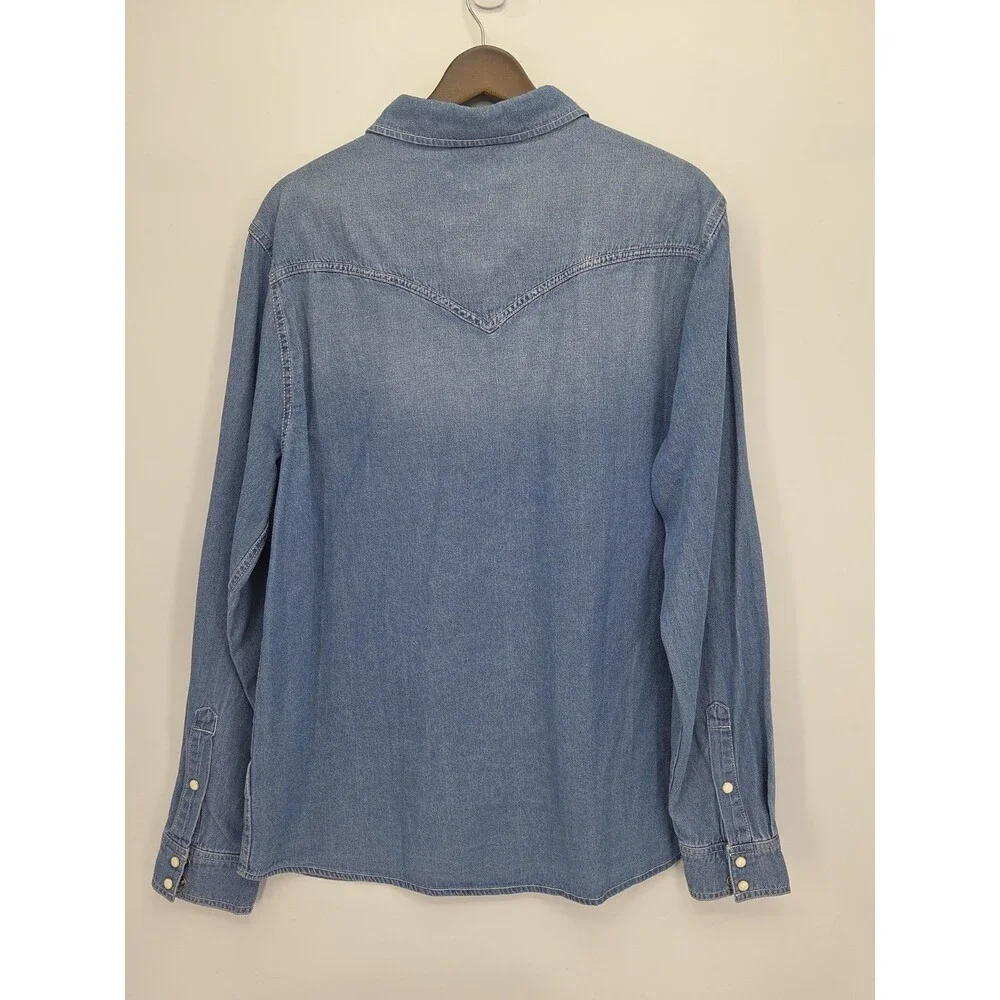 New True Religion Western Chambray Shirt Light Blue Wash Pearl Snap Size Large
